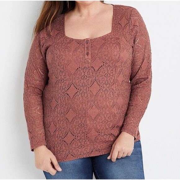 Womens Lace Henley Top Size M Brown Romantic Boho Forest Fairy Dark Coquette Y2K - Picture 11 of 12